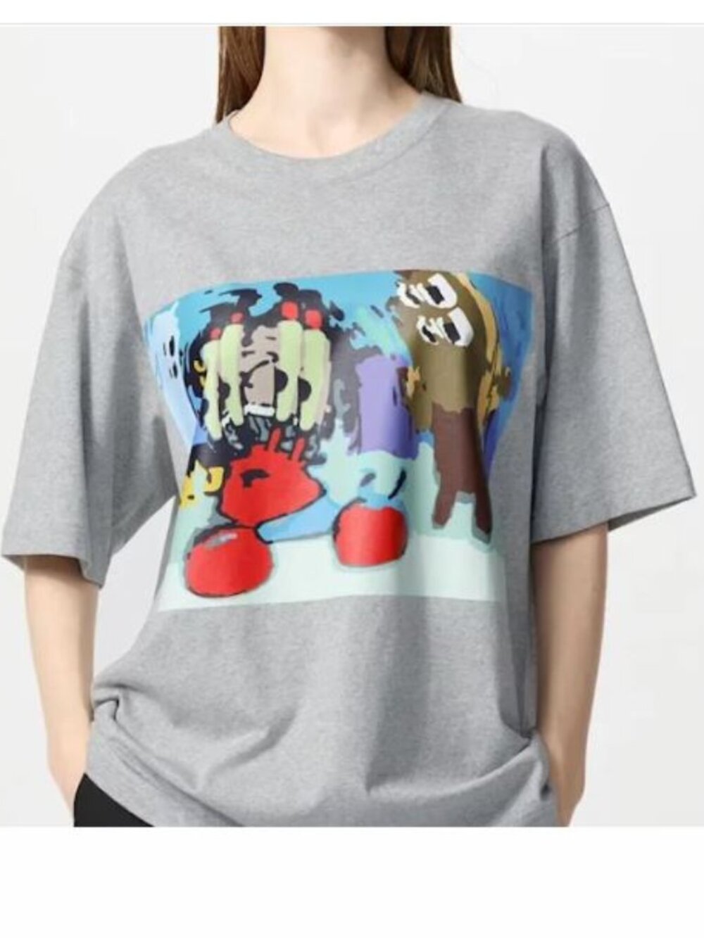 Uniqlo Gray Short Sleeve Tee with Colorful Cartoon Print